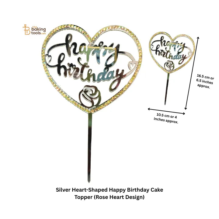 Silver Heart-Shaped Happy Birthday Cake Topper (Rose Heart Design) - thebakingtools.com