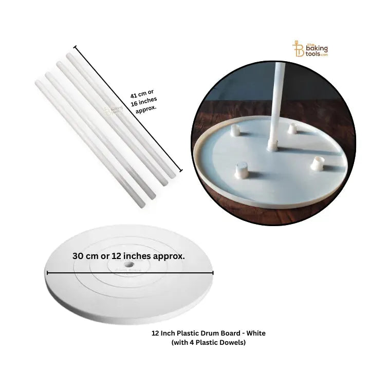 12 Inch Plastic Drum Board - White (with 4 Hollow Plastic Dowels) - thebakingtools.com
