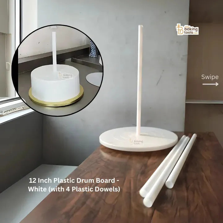 12 Inch Plastic Drum Board - White (with 4 Hollow Plastic Dowels) - thebakingtools.com