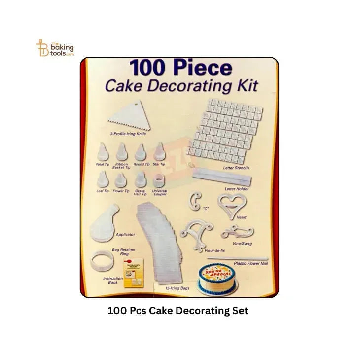 100 Pcs Cake Decorating Kit | Complete Set with Icing Tips, Letter Stamps, Flower Nozzles More - thebakingtools.com