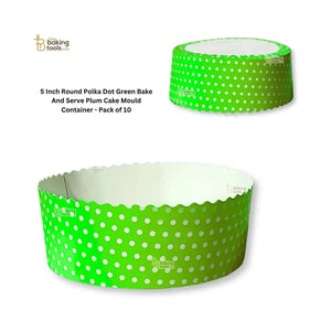 5 Inch Round Polka Dot Green Bake And Serve Plum Cake Mould Container - Pack of 10 - thebakingtools.com