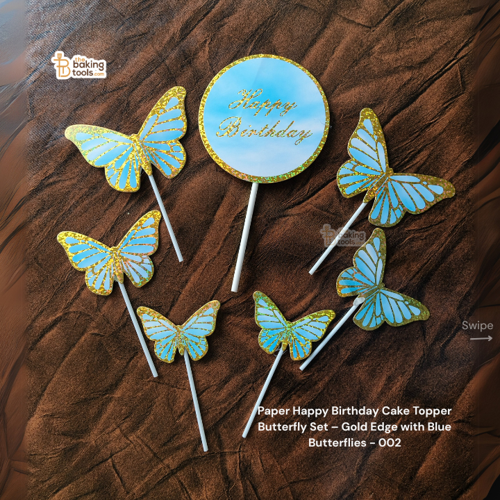 Paper Happy Birthday Cake Topper Butterfly Set – Gold Edge with Blue Butterflies - 002