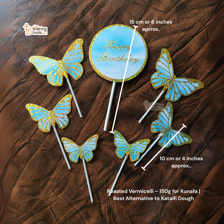 Paper Happy Birthday Cake Topper Butterfly Set – Gold Edge with Blue Butterflies - 002