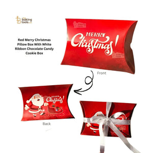 Red Merry Christmas Pillow Box With White Ribbon Chocolate Candy Cookie Box - Pack Of 10 Pcs - thebakingtools.com