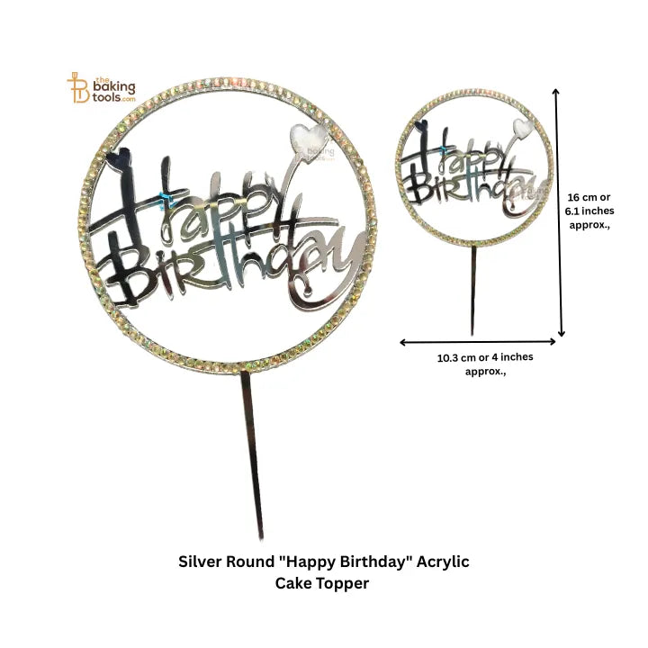 Silver Round "Happy Birthday" Acrylic Cake Topper - thebakingtools.com