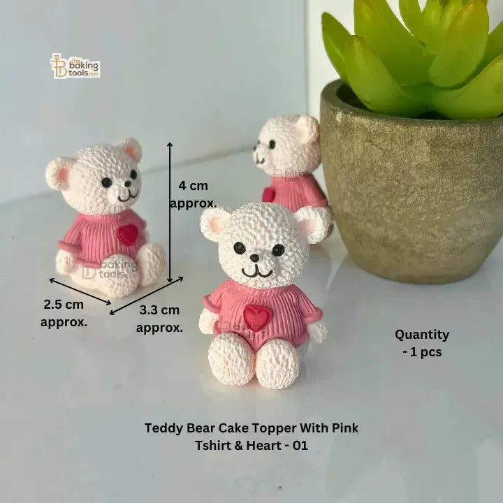 Teddy Bear Cake Topper With Pink T-shirt & Heart - 01 - thebakingtools.com