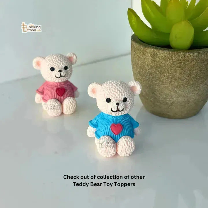 Teddy Bear Cake Topper With Blue T-shirt & Heart - 02 - thebakingtools.com