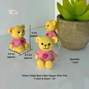 Yellow Teddy Bear Cake Topper With Pink T-shirt & Heart - 07 - thebakingtools.com