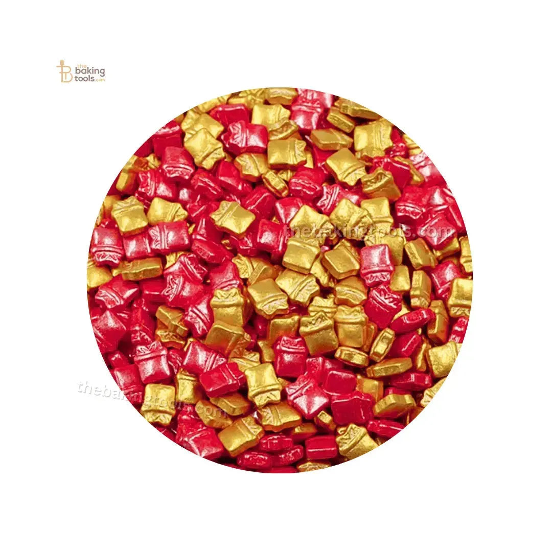 Golden & Red Gift Box Shape Decorative Confetti Sugar Beads For Christmas - thebakingtools.com