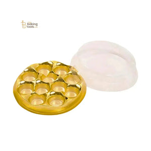 11 Cavity Round Mithai Modak Laddoo Hamper Box With Golden Tray & Clear Transparent Lid (Pack Of 5) - thebakingtools.com