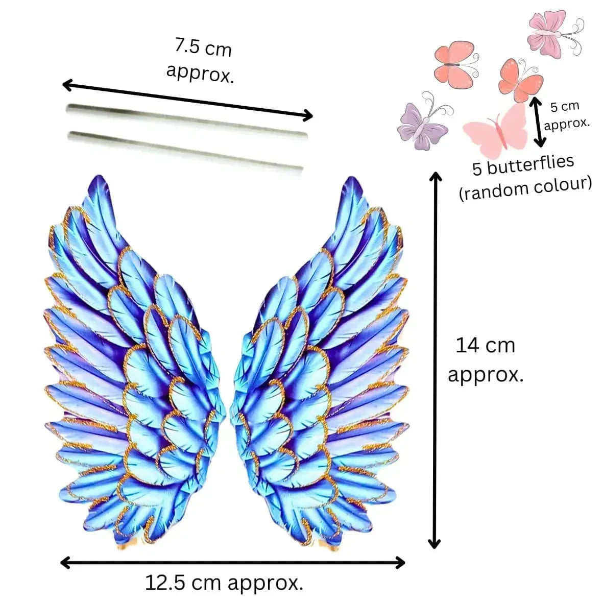 Blue Feather Angel Wings Cake Topper with 5 Paper Butterflies - thebakingtools.com