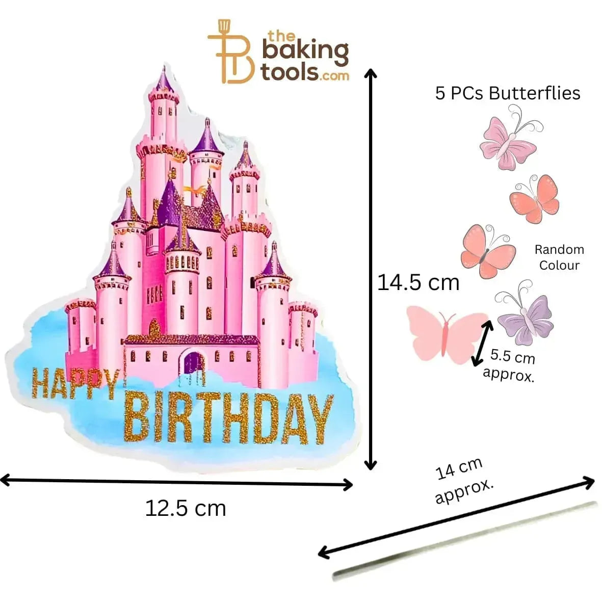 Happy Birthday Castle Paper Cake Topper With 5 Butterflies 001 - thebakingtools.com