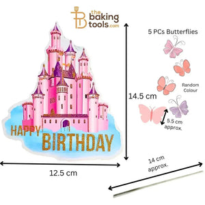 Happy Birthday Castle Paper Cake Topper With 5 Butterflies 001 - thebakingtools.com
