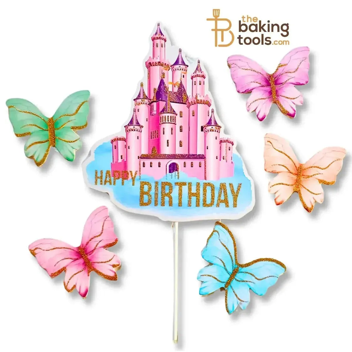 Happy Birthday Castle Paper Cake Topper With 5 Butterflies 001 - thebakingtools.com