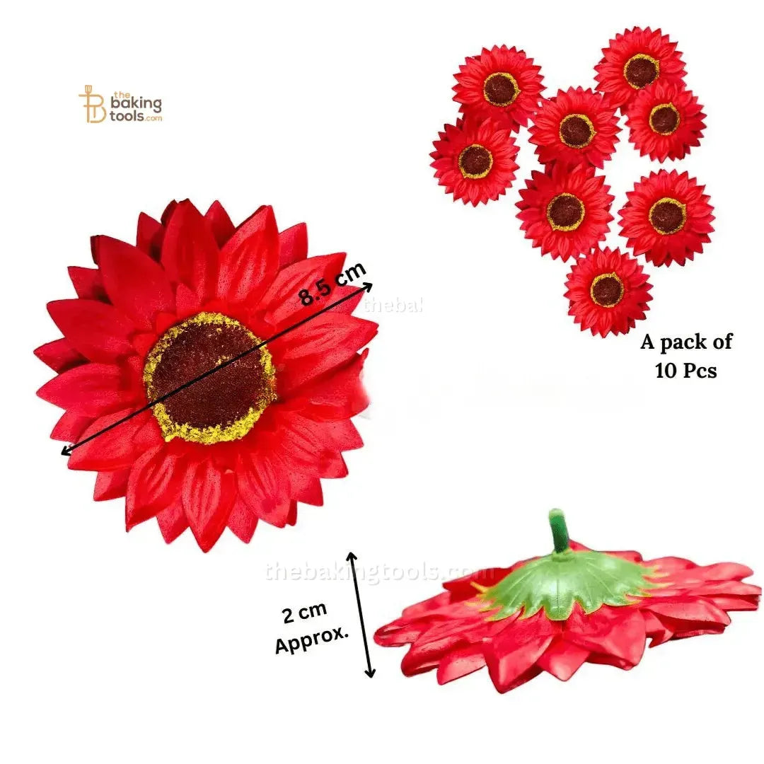 Red Sunflower (Set of 10) | Flower Cake Topper | Artificial Flowers - thebakingtools.com