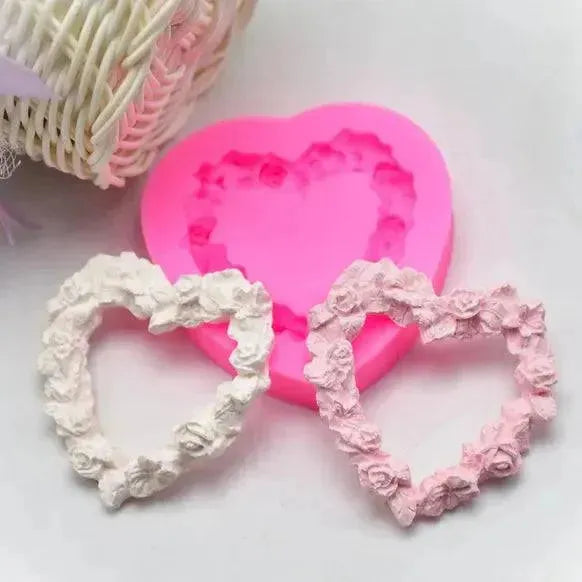Rose In Heart Shaped Border Frame Silicone Fondant Gum Paste Mould - thebakingtools.com