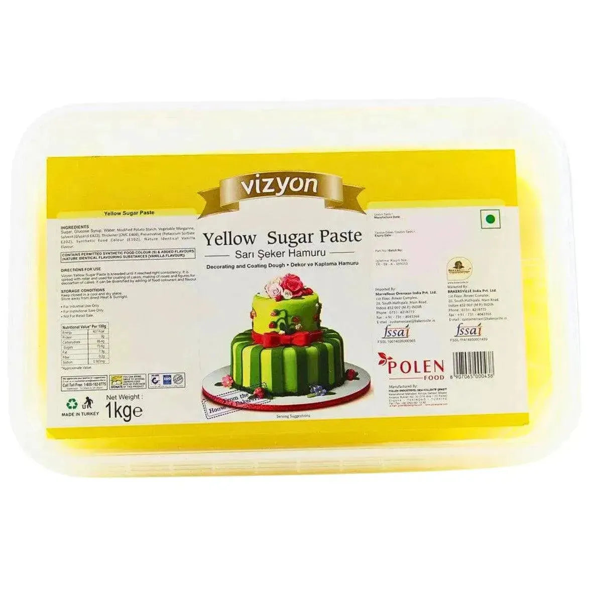 Vizyon Sugar Paste (Fondant) Yellow, 1 Kg - thebakingtools.com